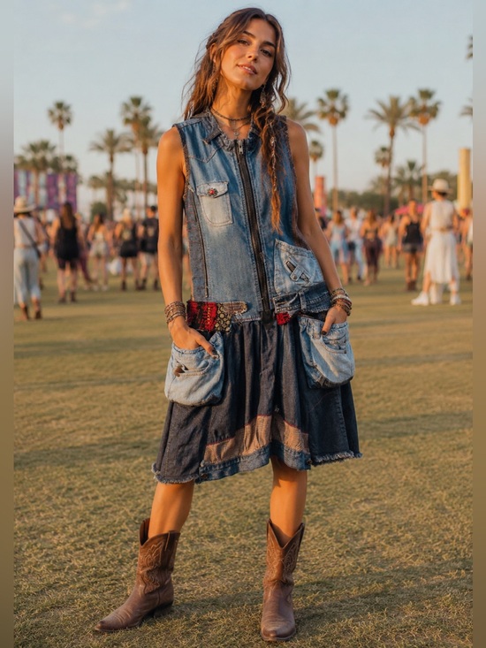 Desigual Dresses & Skirts - Desigual Boho Denim Midi Dress Size 38 Sleeveless Festival Jean Dress Half Zip